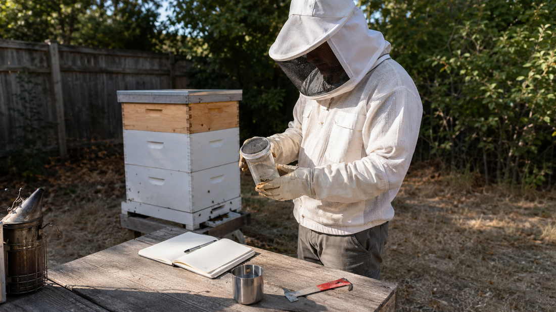 Backyard beekeeper checking a Varroa sampling jar beside a hive