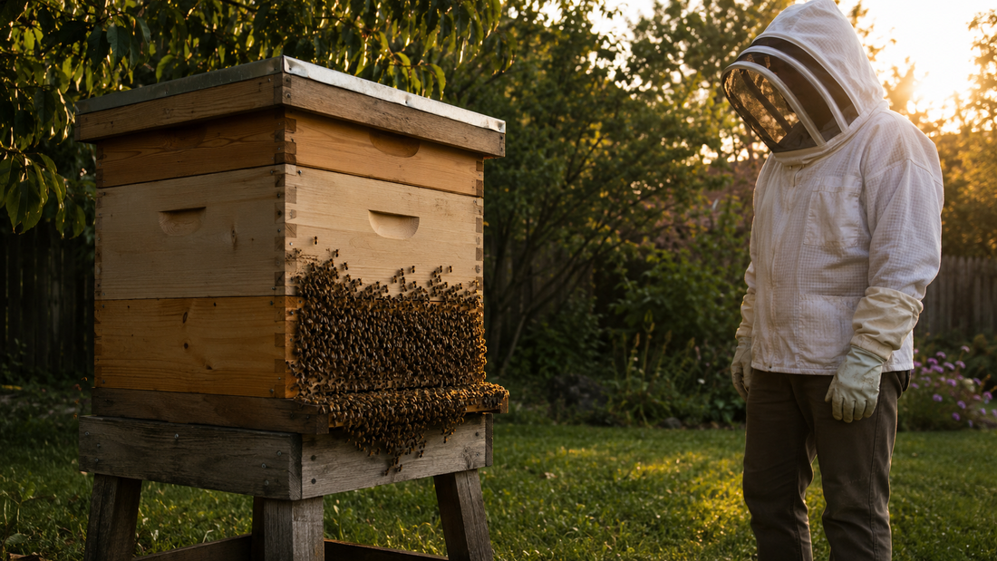 Honey bees calmly bearding outside a backyard hive on a hot summer evening