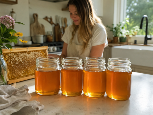 Four jars of fresh amber honey on a kitchen counter after harvest