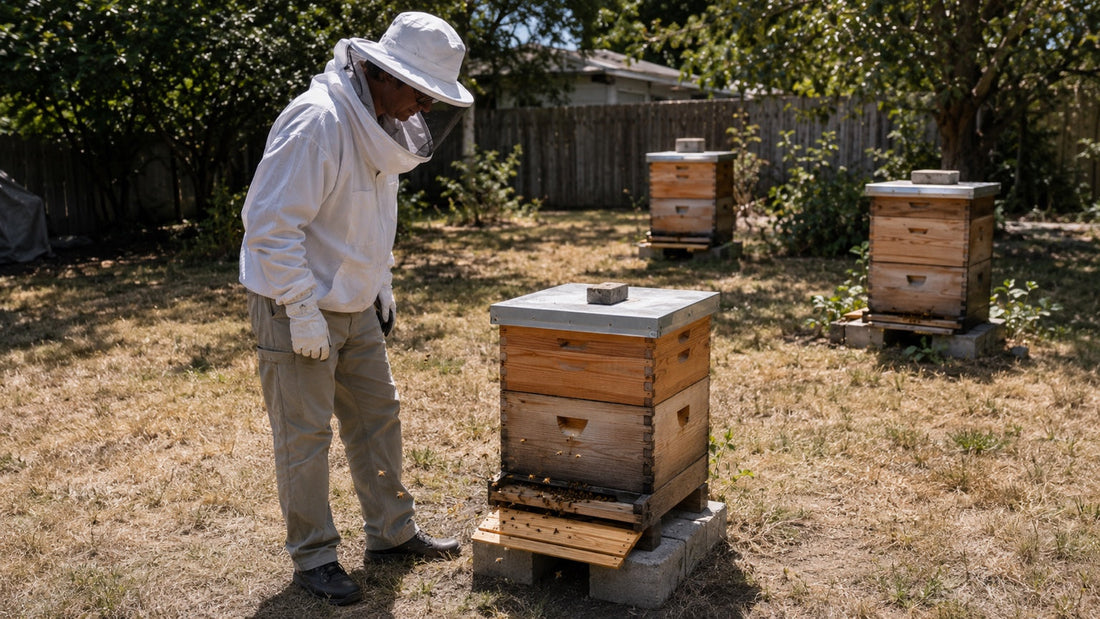 Backyard beekeeper watching hive entrance activity before opening the colony