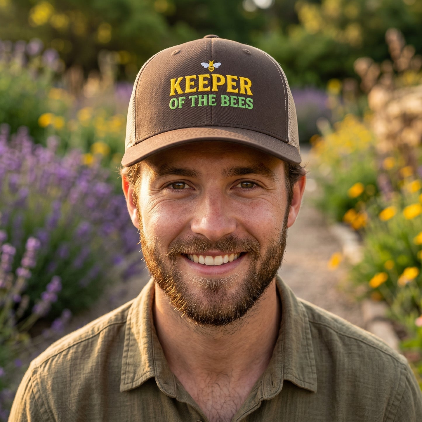 Keeper of the Bees embroidered trucker hat
