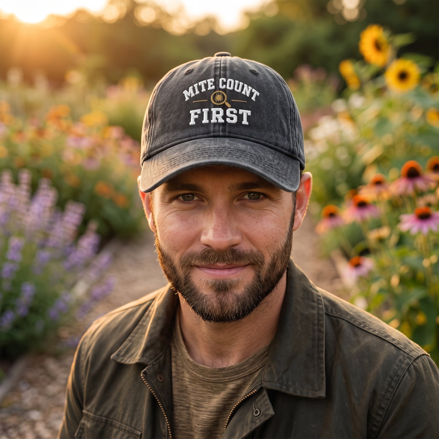 A man wearing a dark gray baseball cap with 'MITE COUNT FIRST' embroidered on the front, standing in a sunlit garden with flowers in the background.