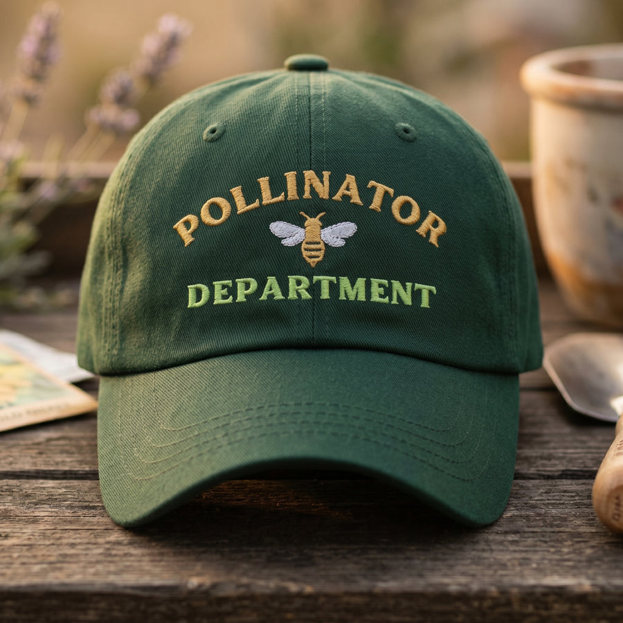 Green cap with 'Pollinator Department' text and bee logo on a wooden surface.