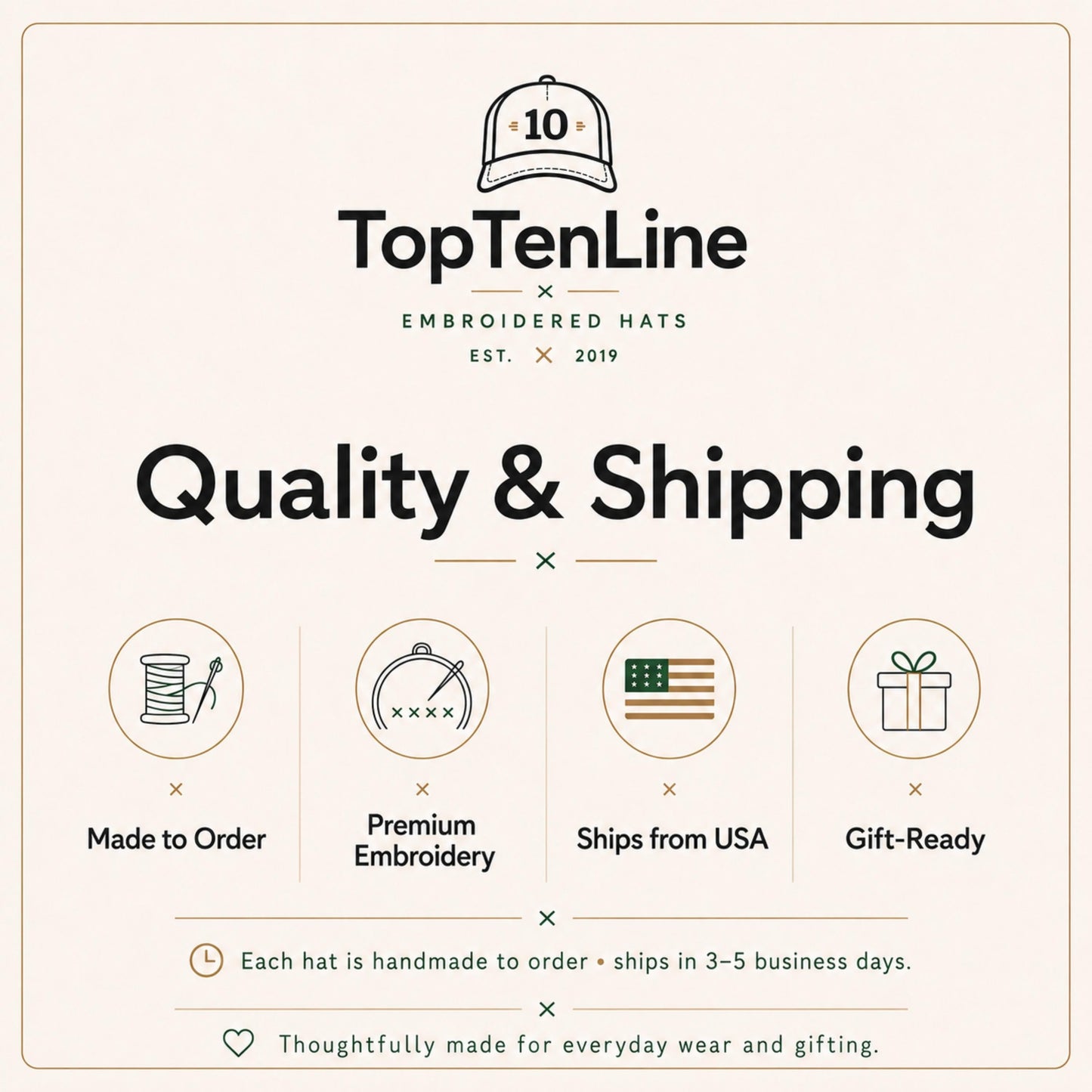 TopTenLine embroidered hats brand advertisement with quality and shipping features.