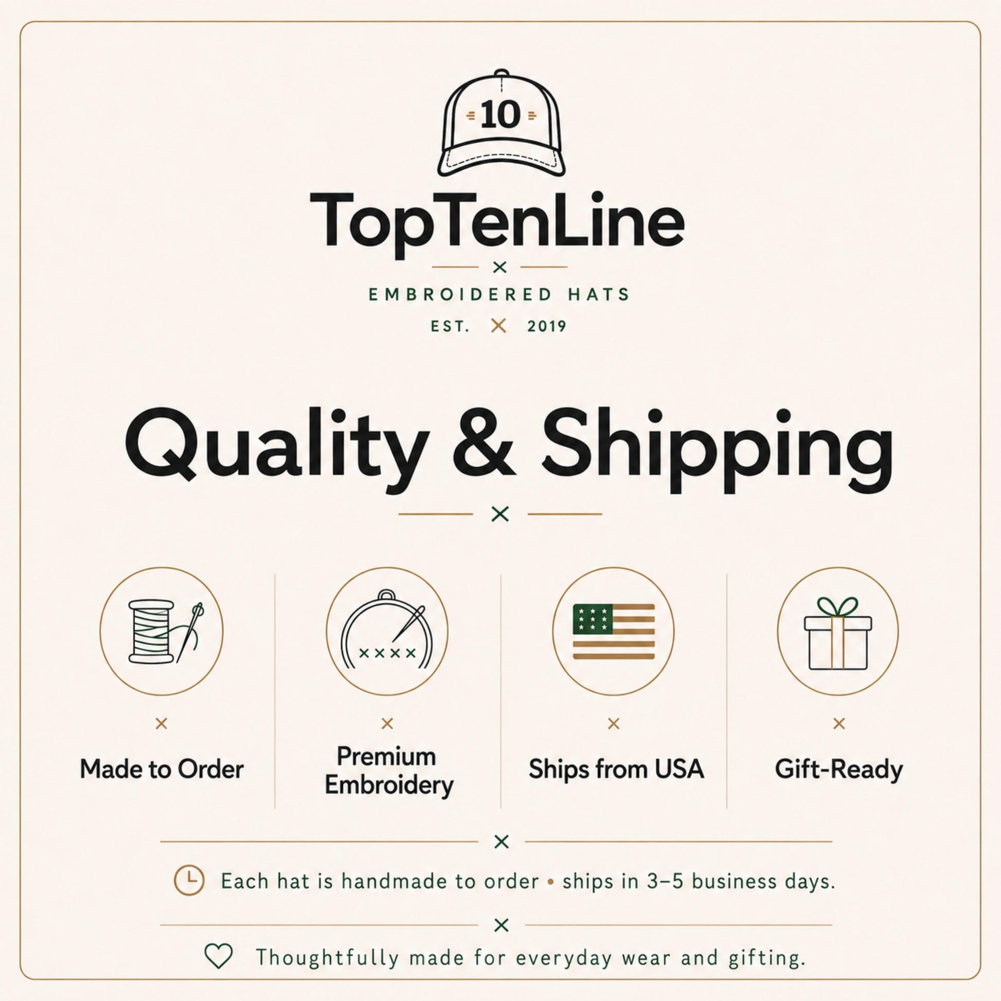 TopTenLine embroidered hats brand advertisement with quality and shipping features.