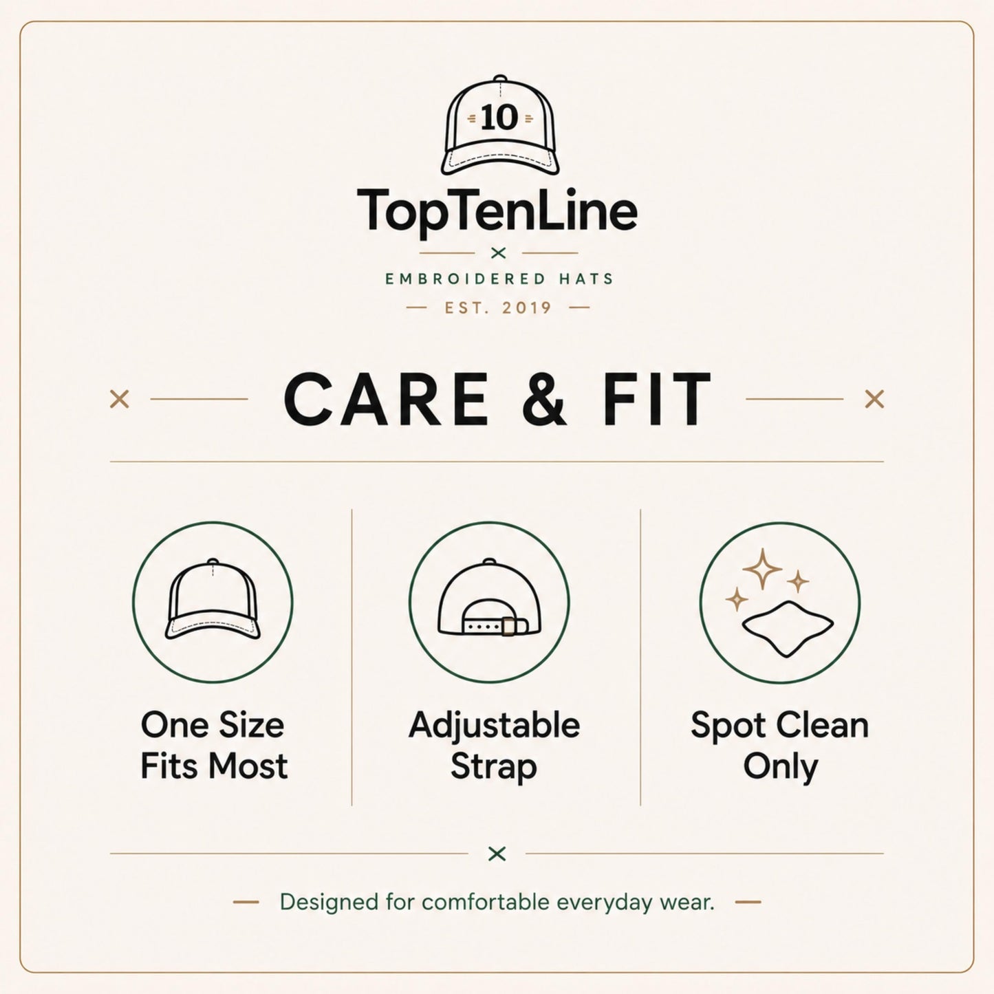 Care and fit information for TopTenLine embroidered hats on a beige background