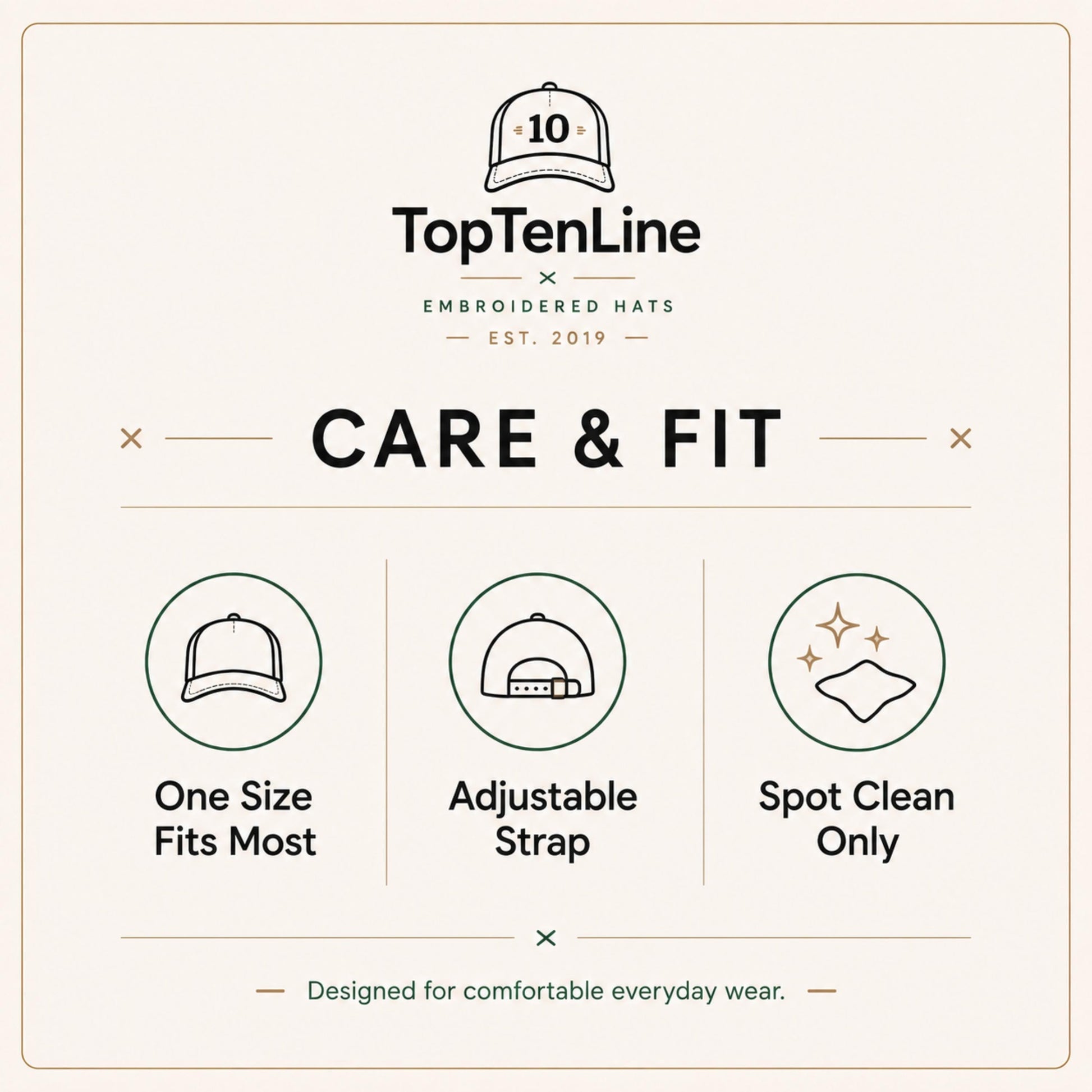 Care and fit information for TopTenLine embroidered hats on a beige background